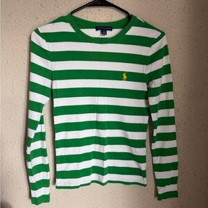 Ralph Lauren Green & White Striped Long Sleeve Tee with Yellow Pony